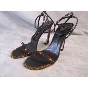 D'Accori Black Satin Belle Crystal Embellished Curved Heel Sandals Italy Size 38